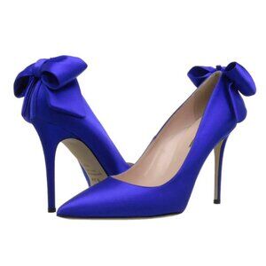 NIB SJP by Sarah Jessica Parker Lucille Bow Satin Pumps Blue EU 37.5 US 7 100mm